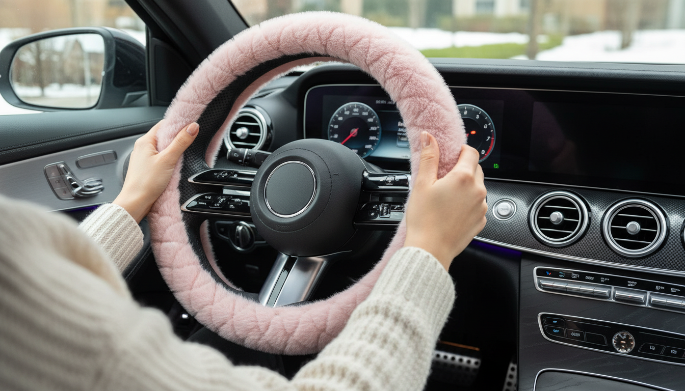 Plush Diamond D-Shape Steering Wheel Cover (15-Inch)